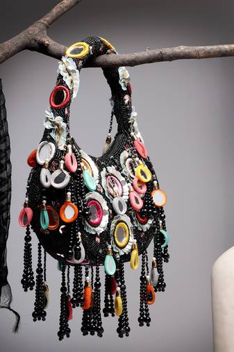 tipify black & multi mirror work embellished velvet purse