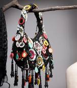 tipify black & multi mirror work embellished velvet purse