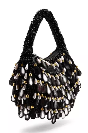 tipify black, gold & pearl mirror work embellished velvet purse
