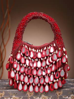 tipify maroon, gold & pearl mirror work embellished velvet purse 3