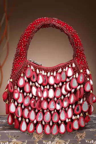 tipify maroon, gold & pearl mirror work embellished velvet purse