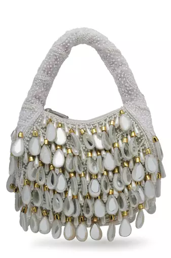 tipify white, gold & pearl mirror work embellished velvet purse