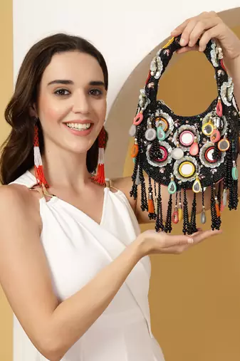 tipify black & multi mirror work embellished velvet purse