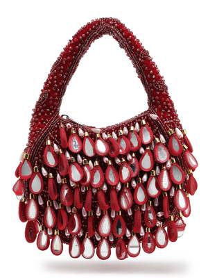 tipify maroon, gold & pearl mirror work embellished velvet purse 4