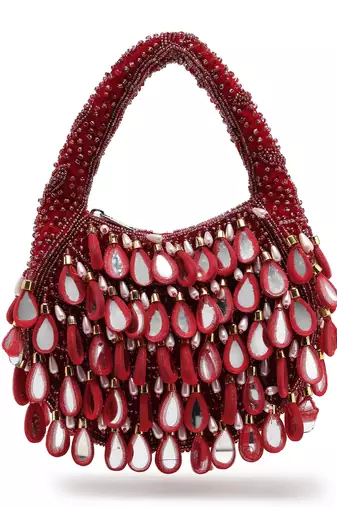 tipify maroon, gold & pearl mirror work embellished velvet purse