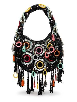 tipify black & multi mirror work embellished velvet purse 4