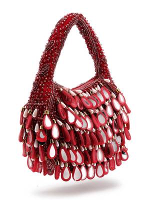 tipify maroon, gold & pearl mirror work embellished velvet purse 5