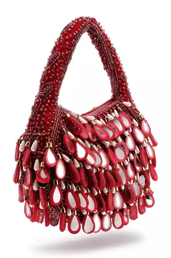 tipify maroon, gold & pearl mirror work embellished velvet purse