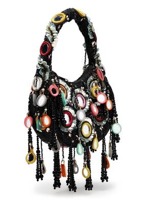 tipify black & multi mirror work embellished velvet purse 5