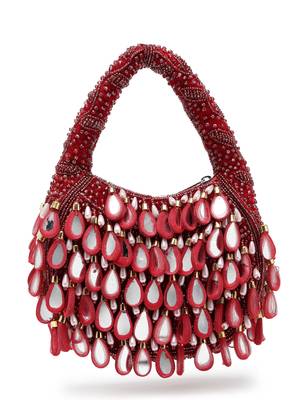 tipify maroon, gold & pearl mirror work embellished velvet purse 6