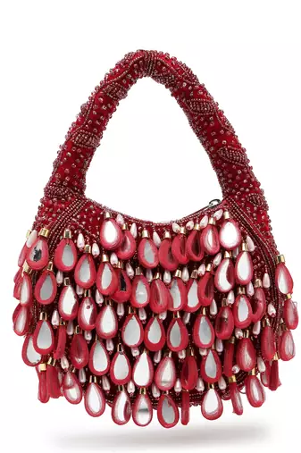tipify maroon, gold & pearl mirror work embellished velvet purse