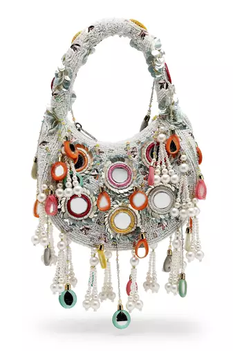 tipify white & multi mirror work embellished velvet purse