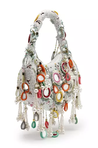 tipify white & multi mirror work embellished velvet purse