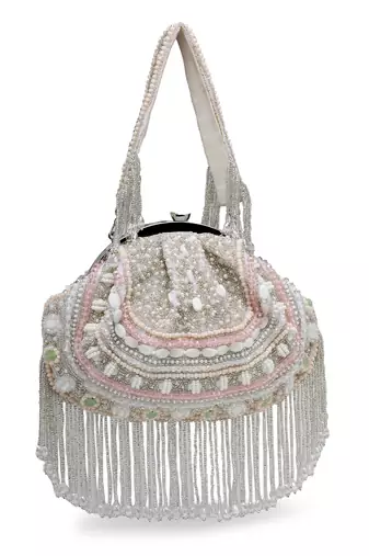droop white & pastel multi bead work embellished faux silk clutch