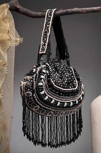 droop black & pastel multi bead work embellished faux silk clutch