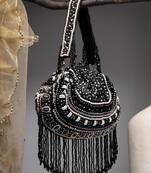 droop black & pastel multi bead work embellished faux silk clutch