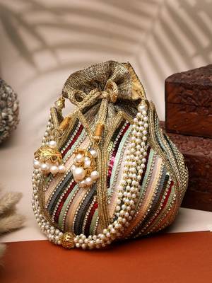 lotus golden & multi striped embellished faux silk potli 1