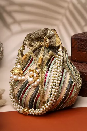 Anekaant lotus golden & multi striped embellished faux silk potli