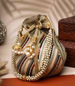 lotus golden & multi striped embellished faux silk potli