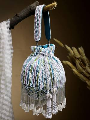 droop aqua blue , white & pastel multi striped embellished velvet potli 1