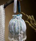 droop aqua blue , white & pastel multi striped embellished velvet potli