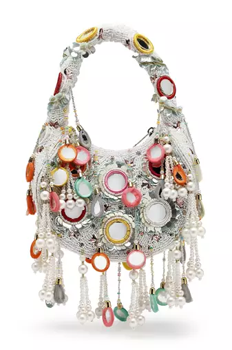 tipify white & multi mirror work embellished velvet purse