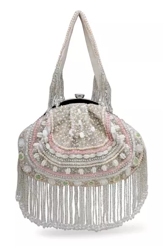 droop white & pastel multi bead work embellished faux silk clutch