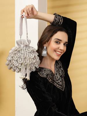 droop white & silver cut work embellished velvet potli 1