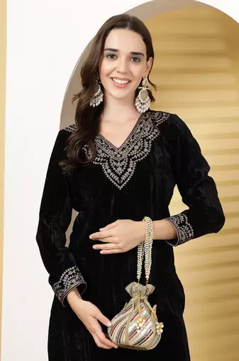 lotus golden & multi striped embellished faux silk potli