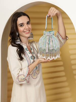 droop aqua blue , white & pastel multi striped embellished velvet potli 3