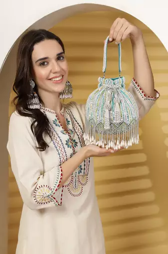 droop aqua blue , white & pastel multi striped embellished velvet potli