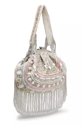 droop white & pastel multi bead work embellished faux silk clutch