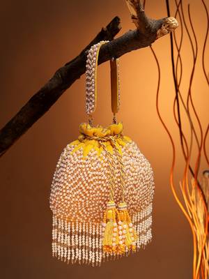 droop honey yellow & pearl chevron embellished velvet potli 1