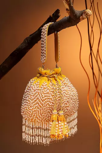 Anekaant droop honey yellow & pearl chevron embellished velvet potli