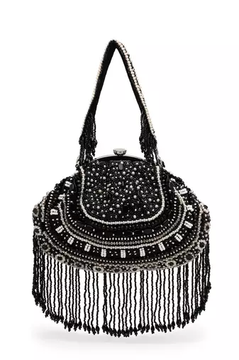 droop black & pastel multi bead work embellished faux silk clutch