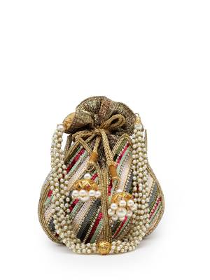 lotus golden & multi striped embellished faux silk potli 4