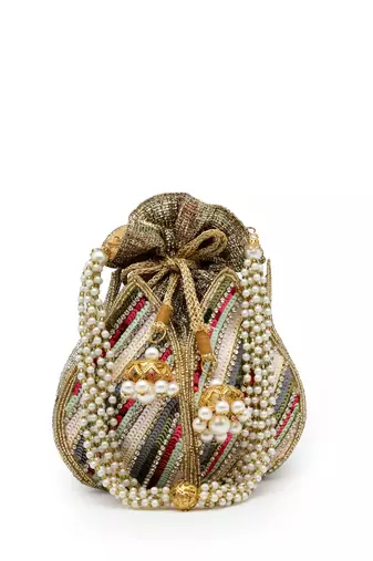 lotus golden & multi striped embellished faux silk potli