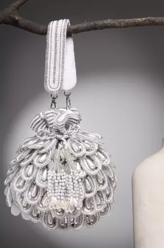 droop white & silver cut work embellished velvet potli