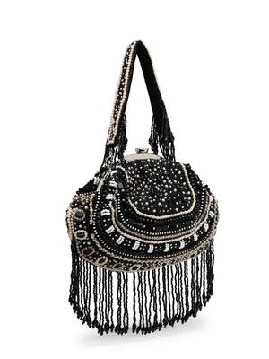 droop black & pastel multi bead work embellished faux silk clutch 5
