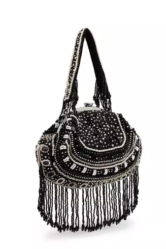 droop black & pastel multi bead work embellished faux silk clutch