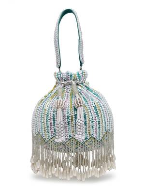 droop aqua blue , white & pastel multi striped embellished velvet potli 4