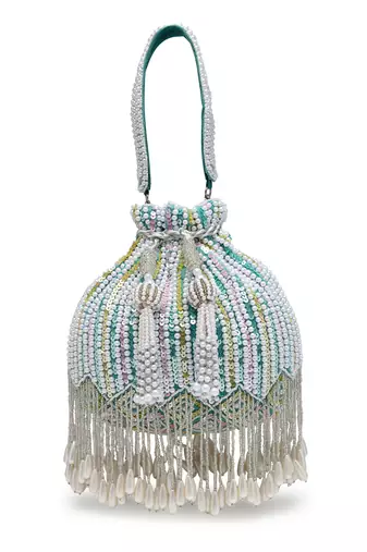 droop aqua blue , white & pastel multi striped embellished velvet potli