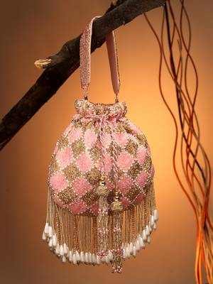 droop baby pink & gold diamond embellished velvet potli 1