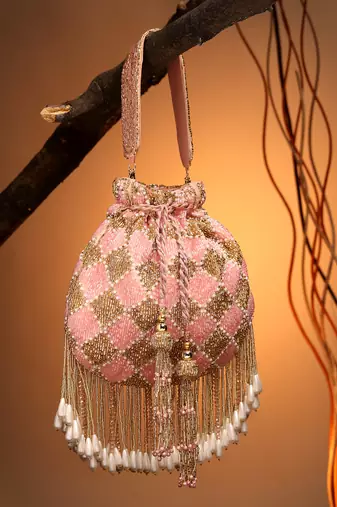 Anekaant droop baby pink & gold diamond embellished velvet potli