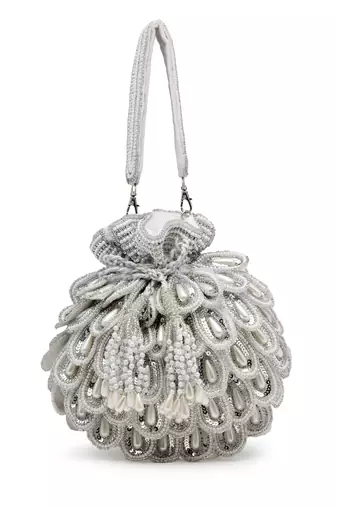 droop white & silver cut work embellished velvet potli