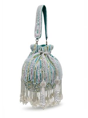 droop aqua blue , white & pastel multi striped embellished velvet potli 5