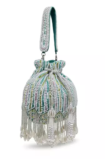 droop aqua blue , white & pastel multi striped embellished velvet potli