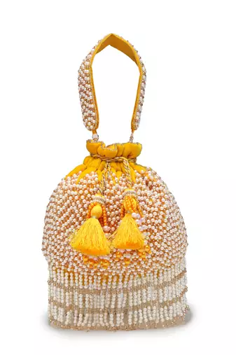 droop honey yellow & pearl chevron embellished velvet potli