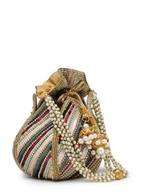 lotus golden & multi striped embellished faux silk potli 5