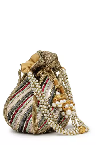 lotus golden & multi striped embellished faux silk potli